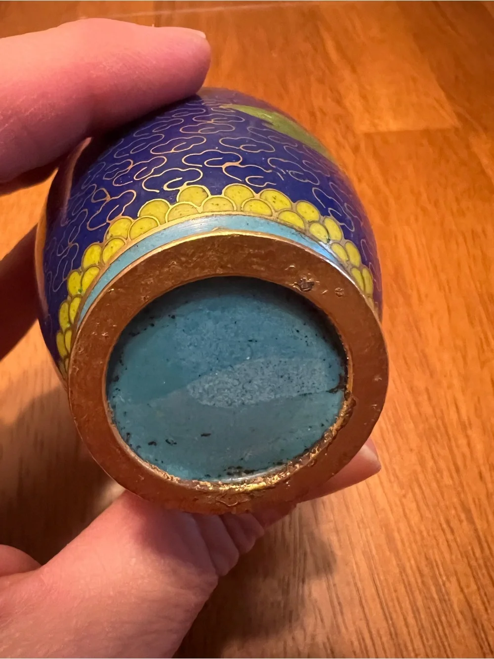 Hand-Painted Cloisonné Floral Vase - Blue and Pink, vintage